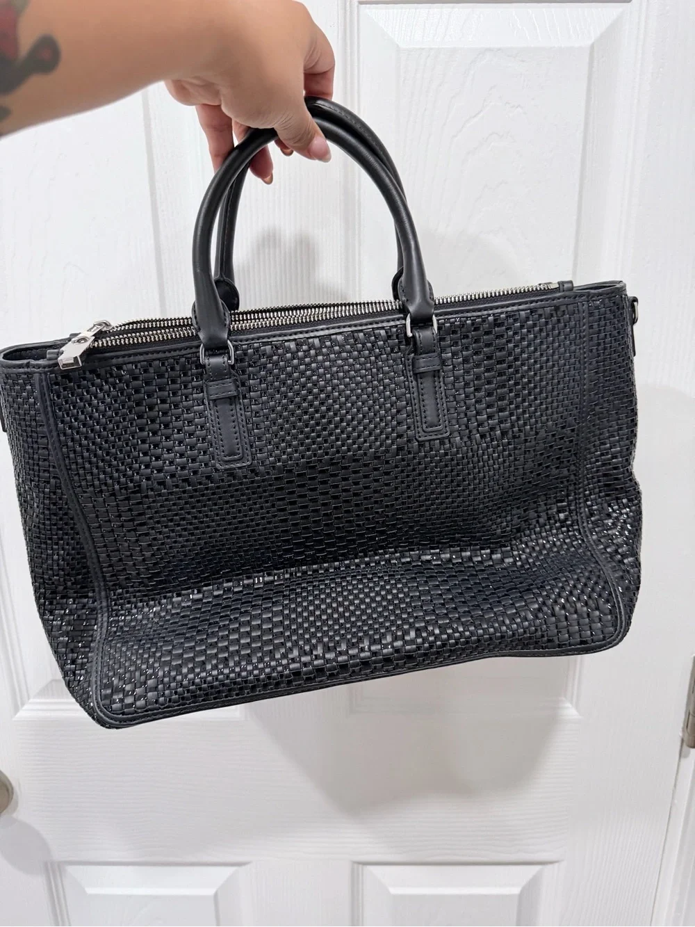 Tory Burch Robinson Black Woven Leather Top-Handle Satchel
